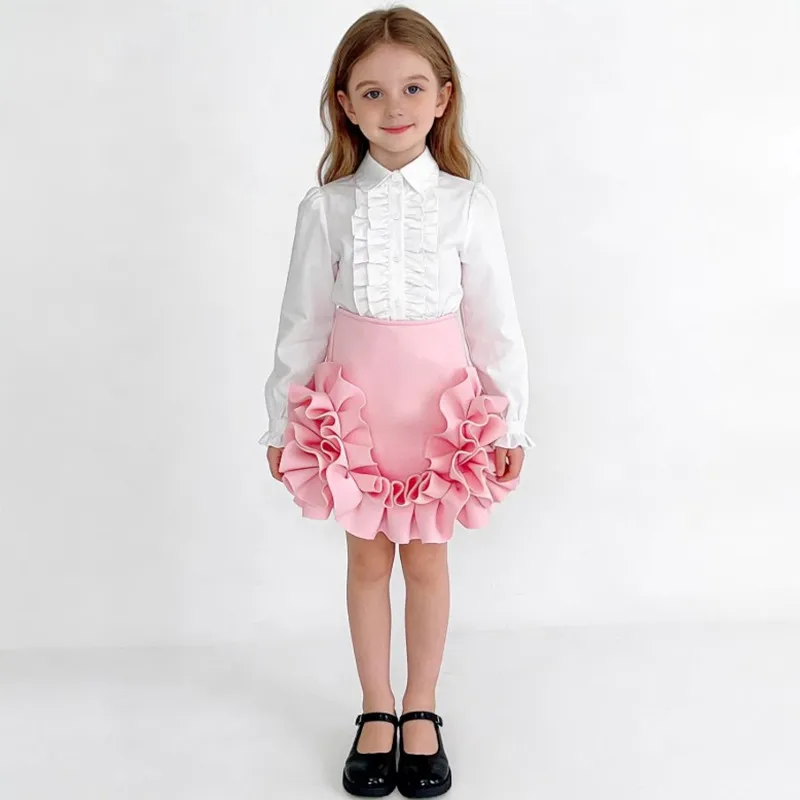 

Spring New Fashion Girls College Style Dress Set Versatile Shirt Top Ruffled Skirt Two-Piece Set A4986