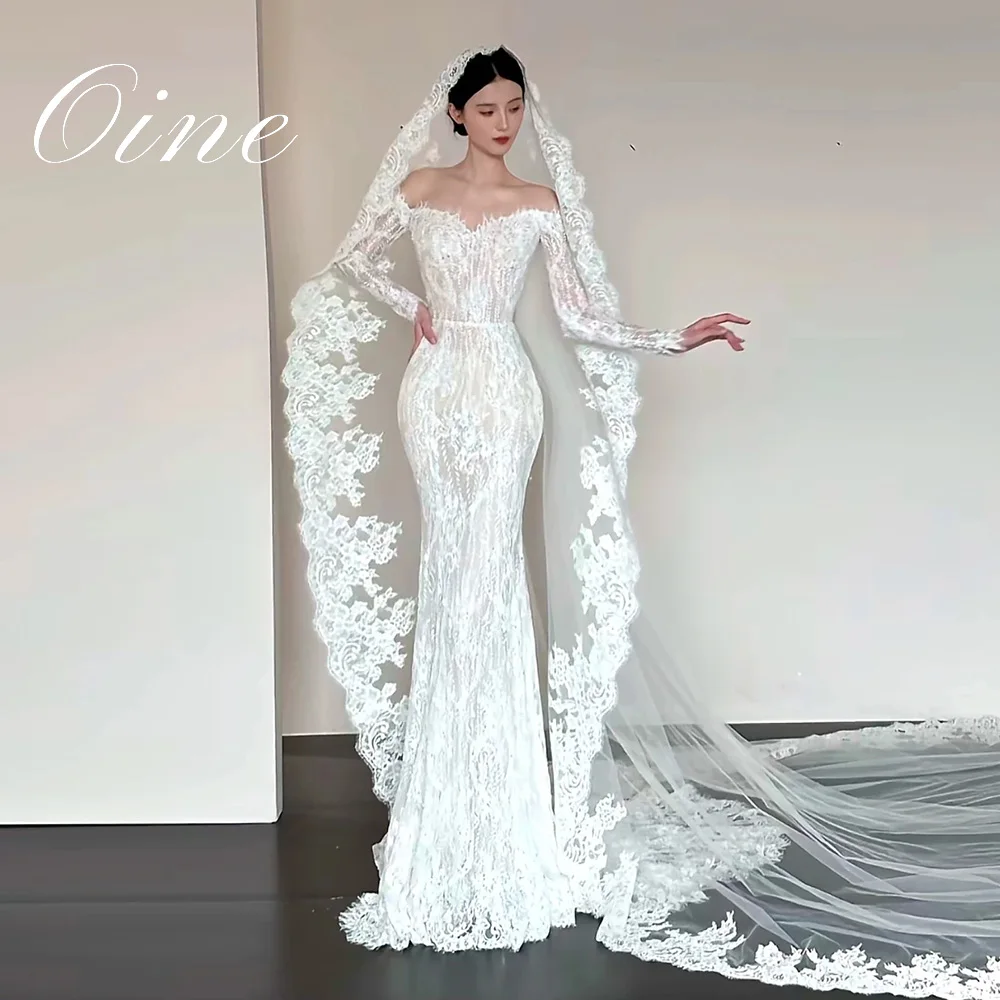 Oine Wunderschönes schulterfreies Spitzen-Meerjungfrau-Hochzeitskleid mit Spitze, sexy, langärmlig, durchsichtig, Vintage-Brautkleider, individuell gestaltet
