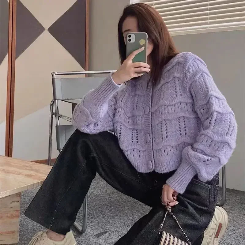 Gagarich Korean Spring New Women Purple Knitted Cardigan French Short Crewneck Sweater Jacket Lady Casual Caridgan Top