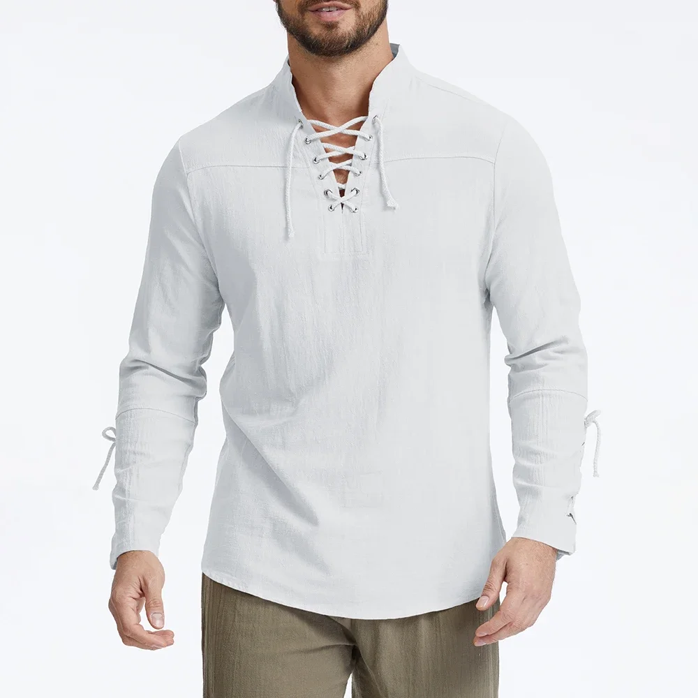 Men's Cotton Linen Vintage Top Henley Neck Drawstring Design Gothic Style Halloween Party Tees Solid Color Cozy Casul Tops