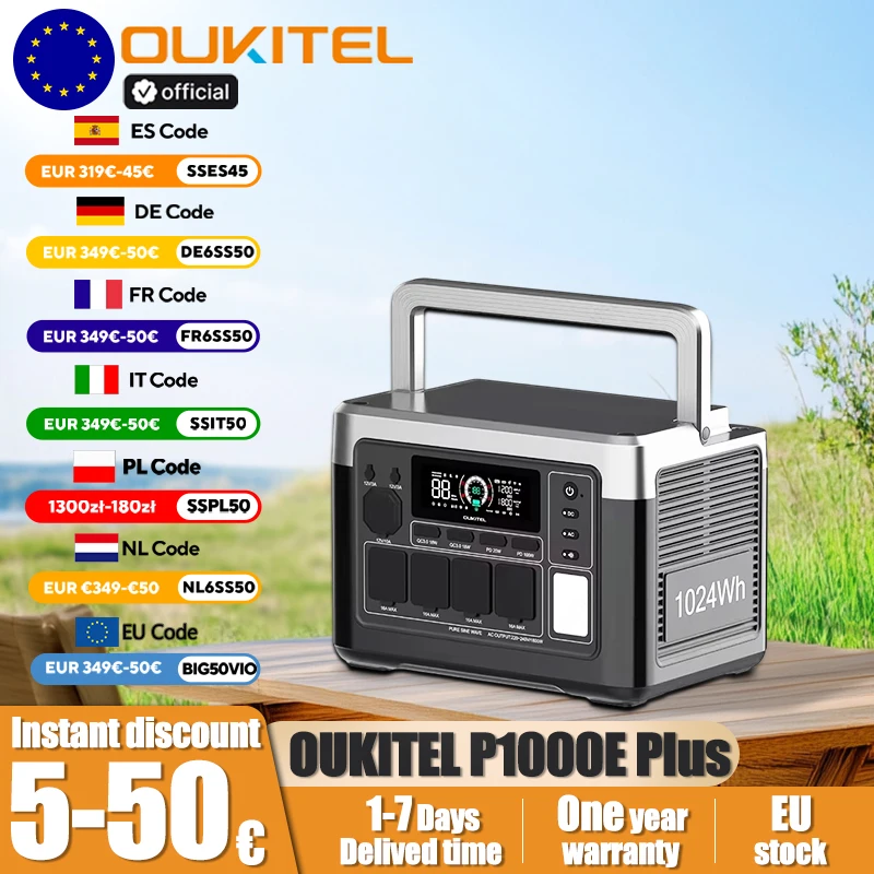 OUKITEL P1000E Plus Portable Power Station 1800W Output Power 1024Wh LiFePO4 Family Outdoor Camping Backup Power Mobile Power