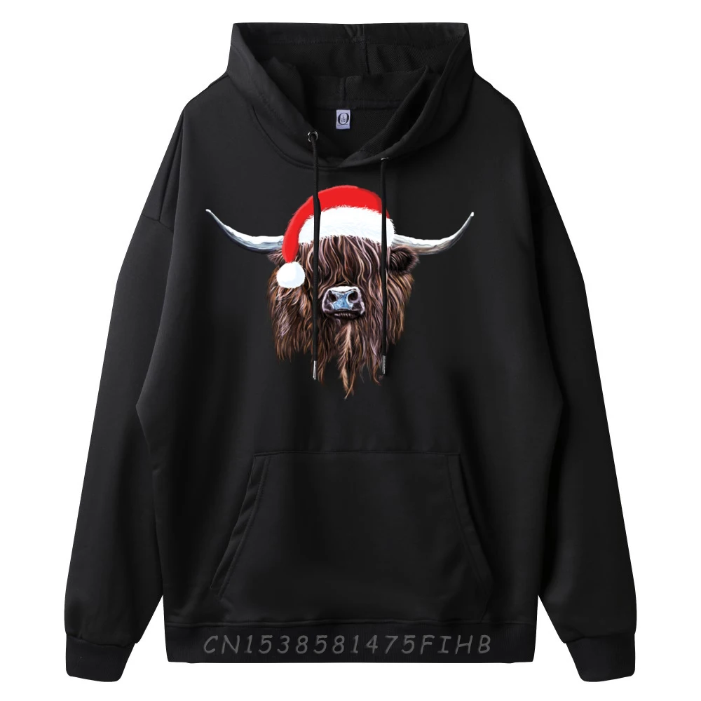 Scottish Highland Cow Christmas Santa Hat Mens Korean Fashion Summer Graphic Pullover Hoodies Cool