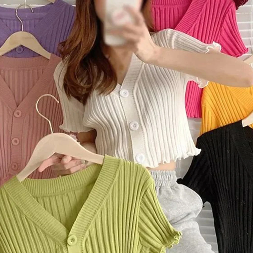 

Short Sleeve Sweater Retro V Neck Cardigan Spring Fashion Comfortable Wear Daily Use Clothing High Stretch Fabric