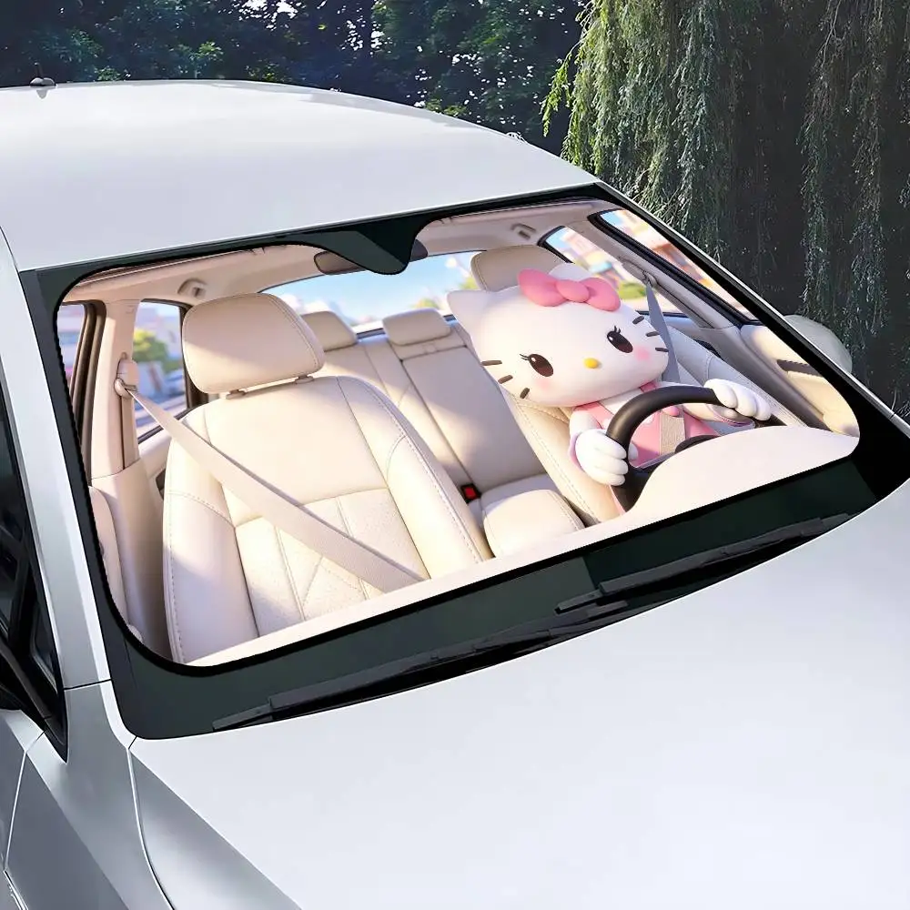 Kawaii K-Kitty Drive Car SunShade Windshield Funny Sun Shade Foldable UV Ray Sun Visor Protector Sunshade For Front Window image 6