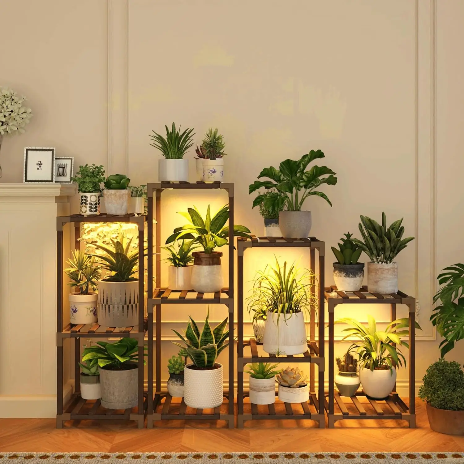 

Подставка для комнатных растений с фитолампой, 4-ярусная деревянная полка для нескольких растений, теплый светодиодный свет