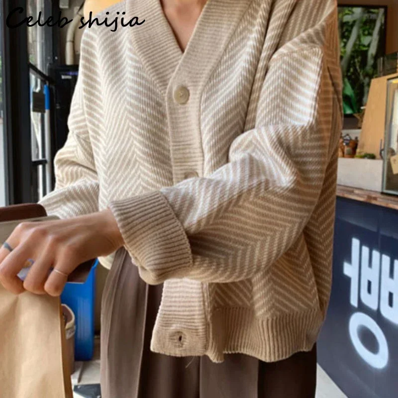 New Vintage Wool Cropped Sweater Woman Apricot Striped Fall Knitted Cardigan Female Autumn Winter V-neck Elegant Sweater