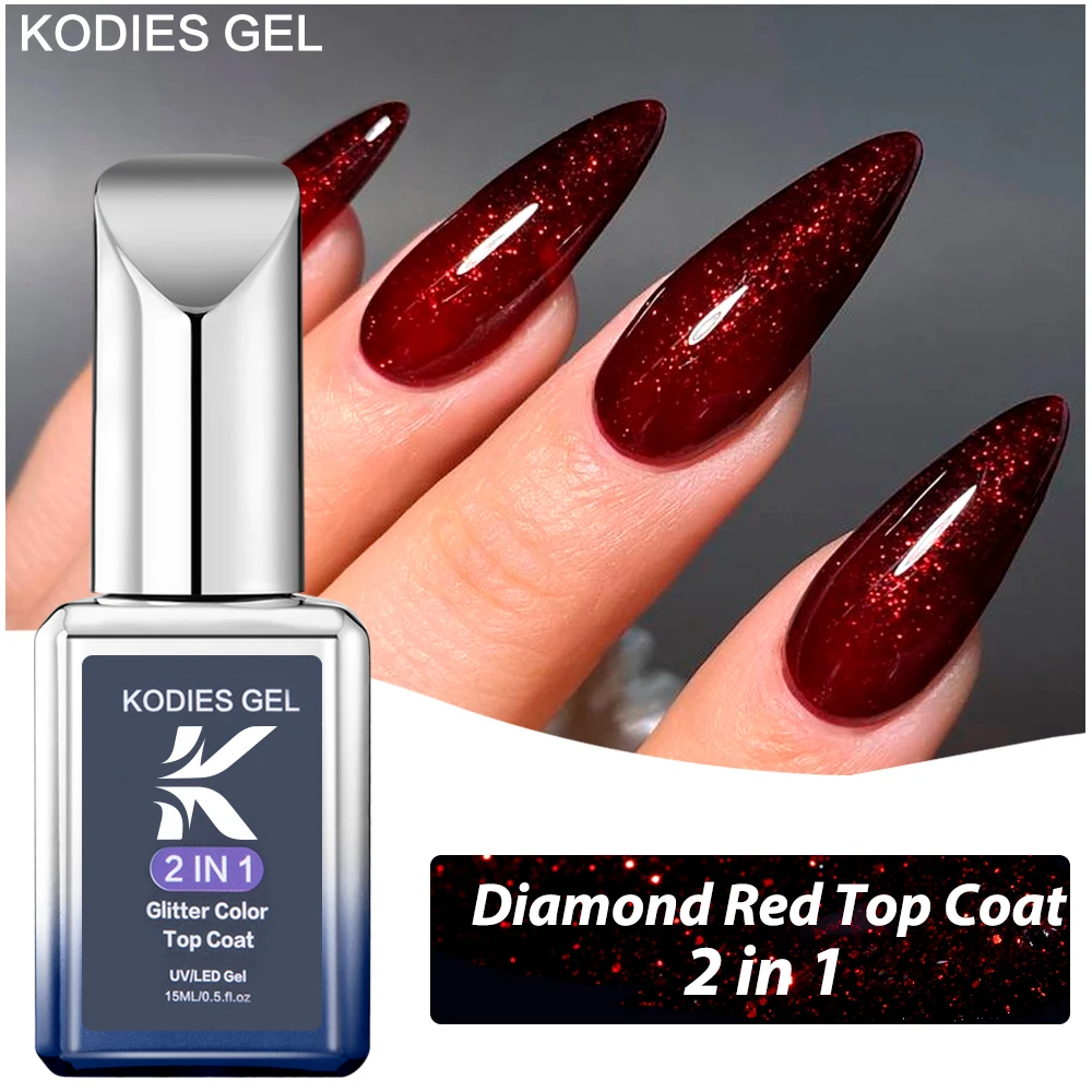 KODIES GEL Diamond Red Top Coat Gel UV smalto per unghie Glitter Shine 15ML Semi permanente Soak Off Unicorn Nail Art funzionale Gellak