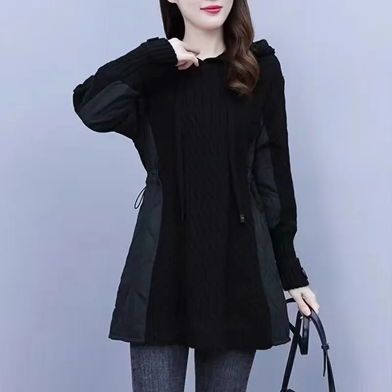 Autumn Winter Splicing Sweater Women Jacket Long Sleeves Hooded Loose knitted Sweater Coat 2023 New Female Thicken Warm Outerwea