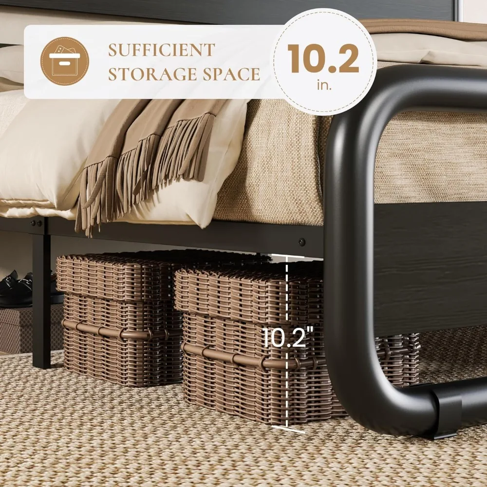 Metal Bed Frame com cabeceira de madeira e Footboard, Heavy Duty Oval-Shaped Plataforma, Under-Bed Armazenamento, Noise Free