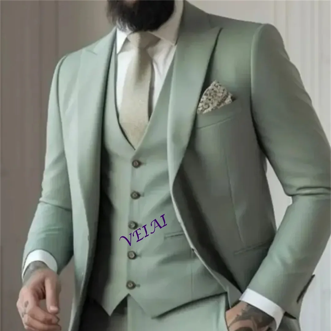 

Customized3 Piece Sage Green Men's Slim Fit Suits (Jacket+Vest+Pant) Wedding Groom Tuxedos Prom Formal Male Party Blazers Traje