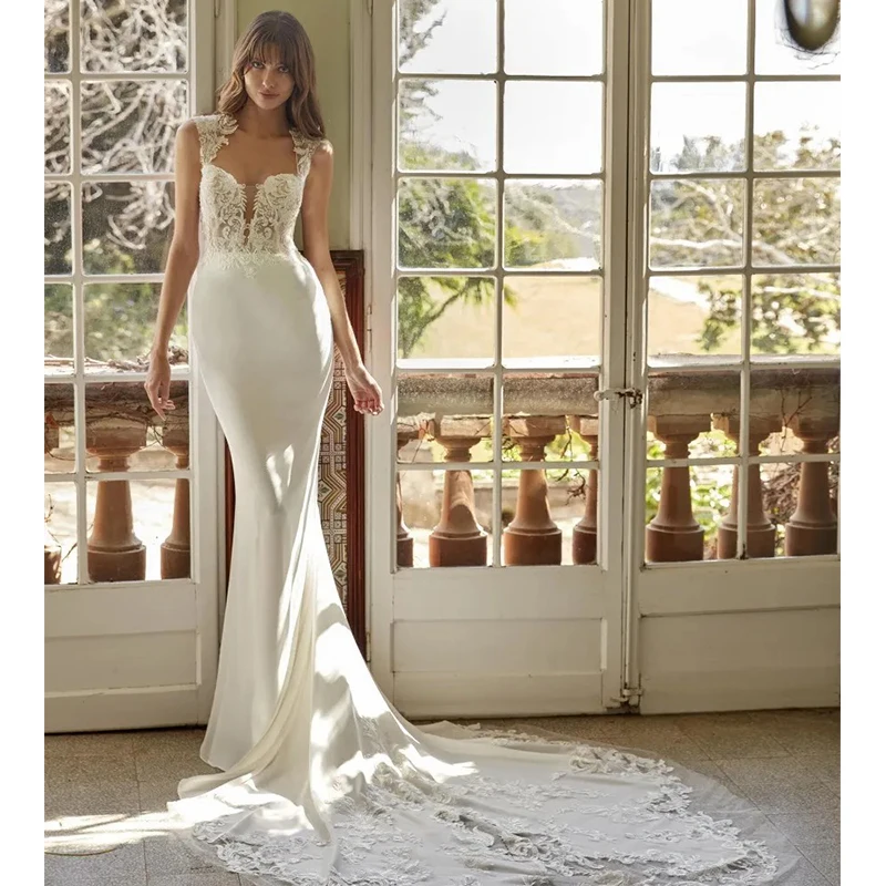 

Simplicity Wedding Dress Organza Satin With Embroidered Lace Mermaid Ball Gown Sleeveless Square Collar Customized Backless