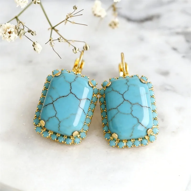 Vintaghe Eingelegte Imitations-Türkis-Ohrhänger für Damen, trendige goldfarbene geometrische Ohrringe für den täglichen Gebrauch, Party-Schmuck, Jubiläumsgeschenk