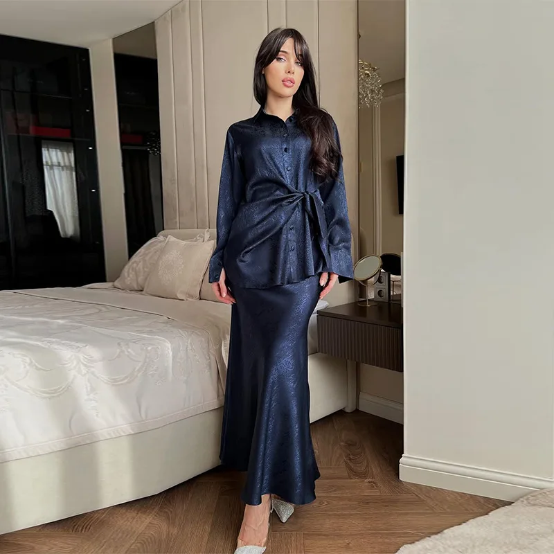 

2025 new European and American women's collar irregular button long sleeved top long skirt set elegant slim fit set skirt