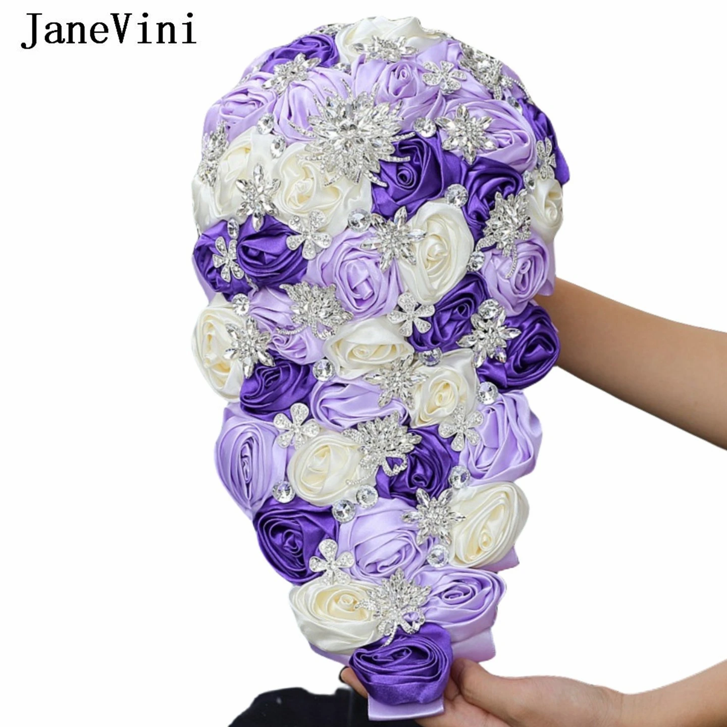 

JaneVini Elegant Luxury Waterfall Wedding Flowers Bridal Bouquets Purple Crystal Beaded Cascade Bride Satin Roses Buque Noiva