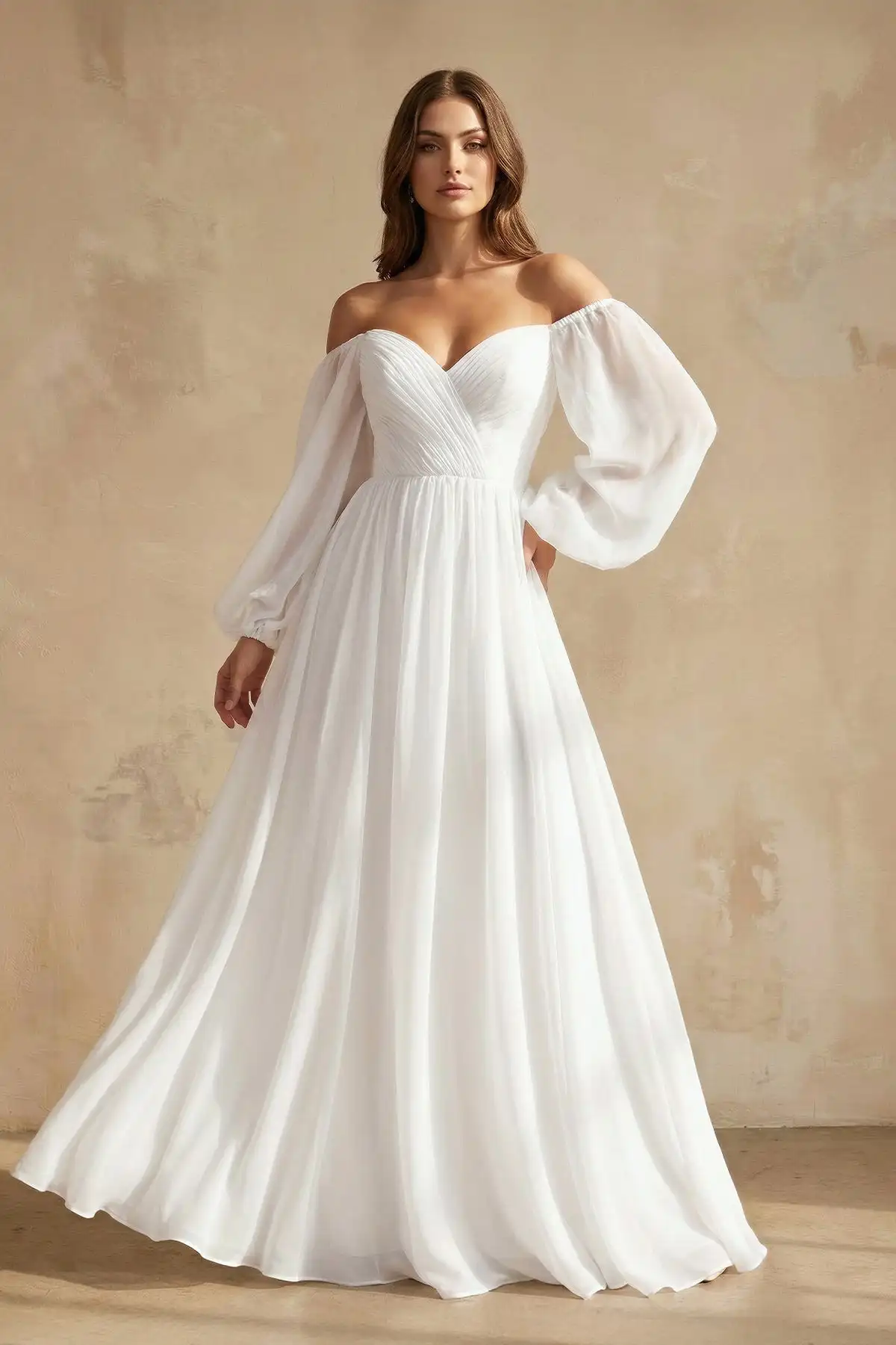 Off‑the‑Shoulder Long Sleeve Chiffon Bridesmaid Gown Sweetheart Pleated Bodice A‑Line Corset Solid Color Evening Formal Dress