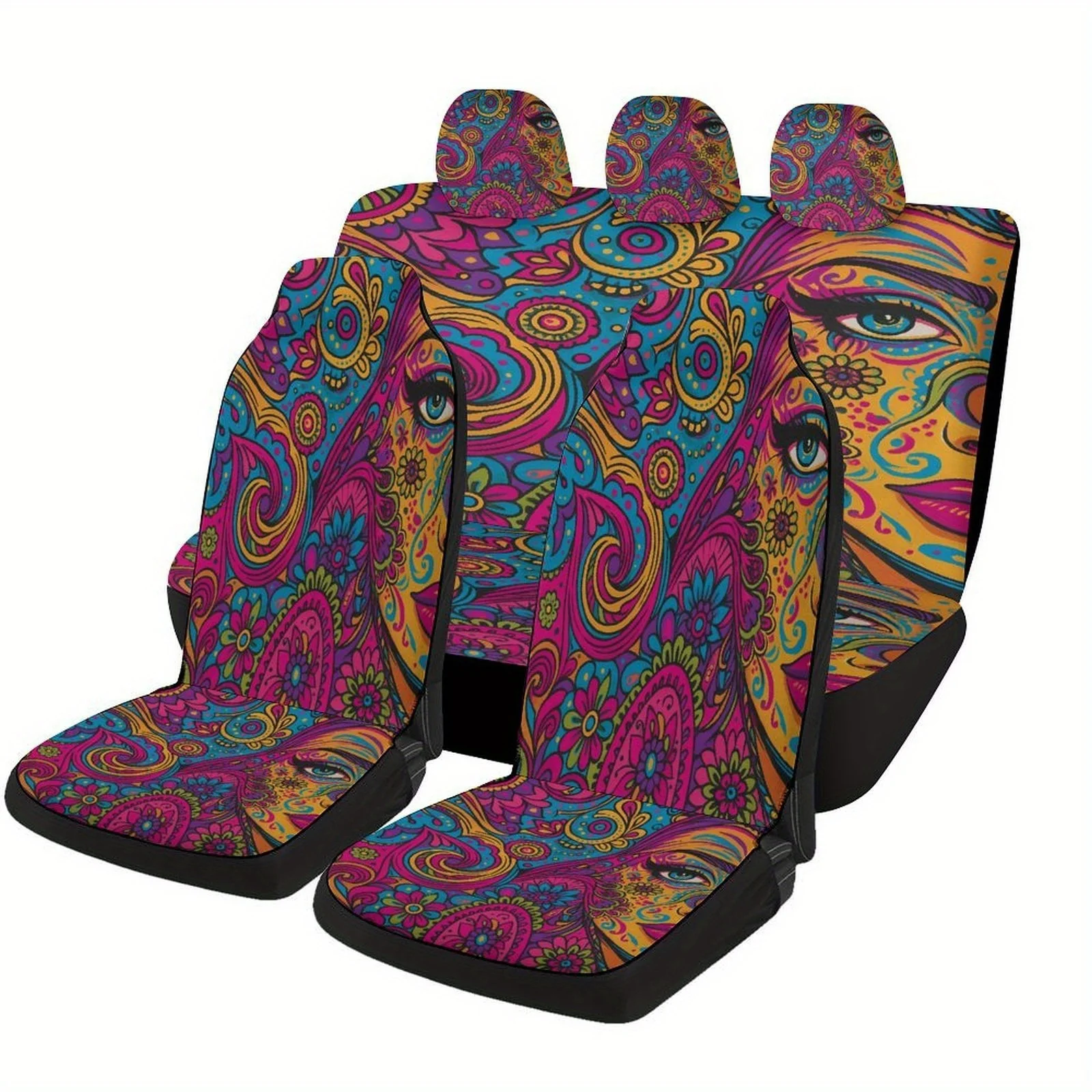 Psychedelic Face Designed Car Seat Covers Set For Most Cars, Trendy Novelty Decorative Car Seat Protector Covers Full Set, Car