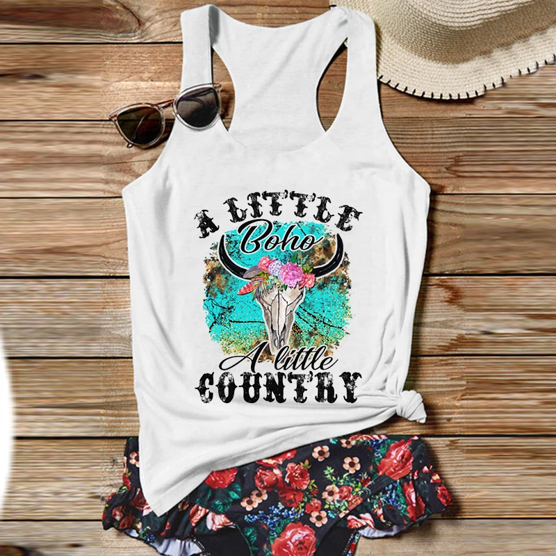 Boho Cow Skull Tank Tops Cartoon Cowgirl Shirt Country Women Tops Boho Shirt Funny Boho Graphic Black Top Western Shirt M