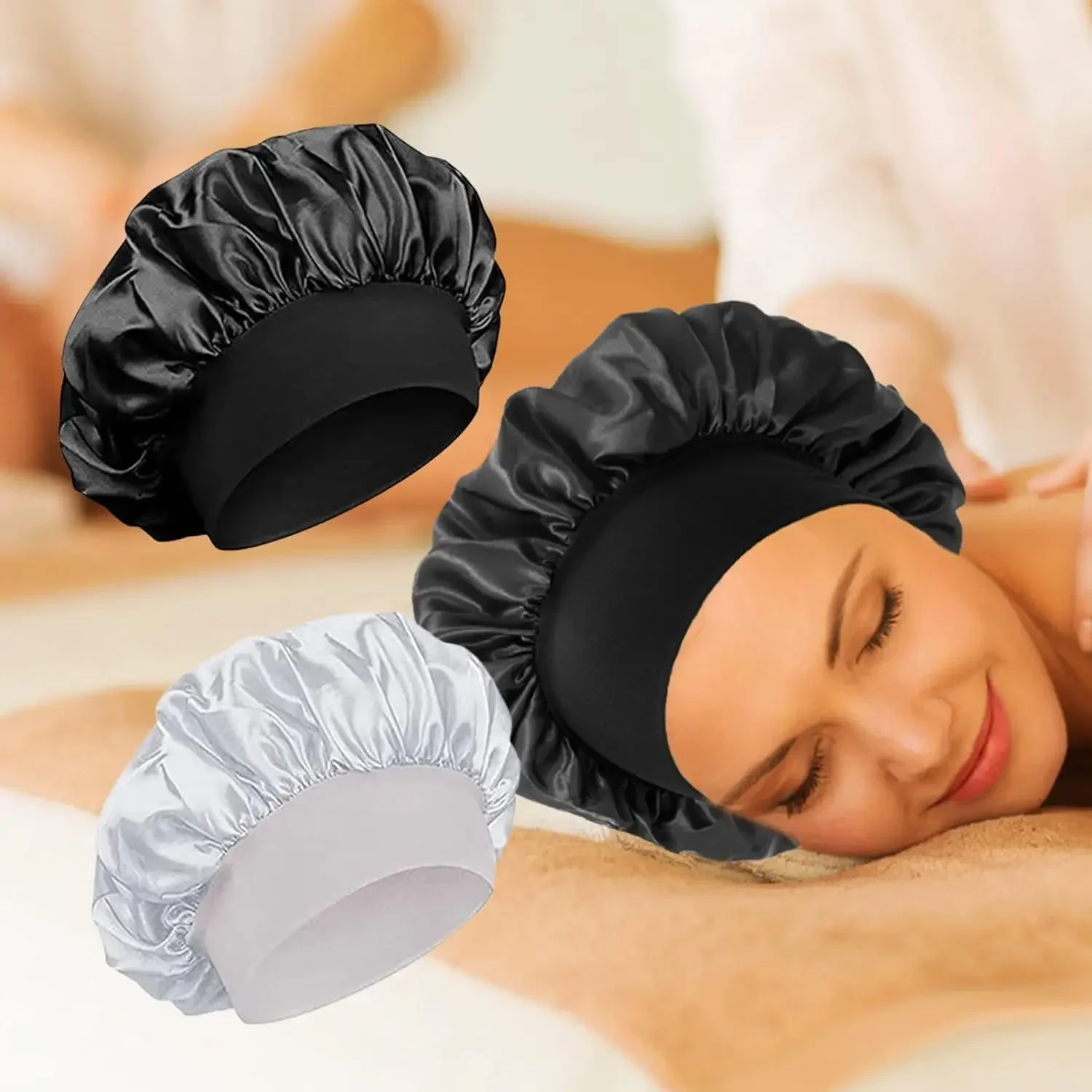 2 pçs feminino cetim sólido elástico de aba larga chapéu de dormir unisex cabeça envoltório elástico boné cuidados com o cabelo gorro noite chapéu