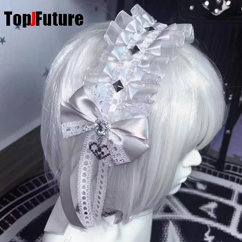 Y2K GIRL Harajuku Halloween cosplay Gothic punk handmade Lolita lace bow Love pendant rivet  headband Hair accessories