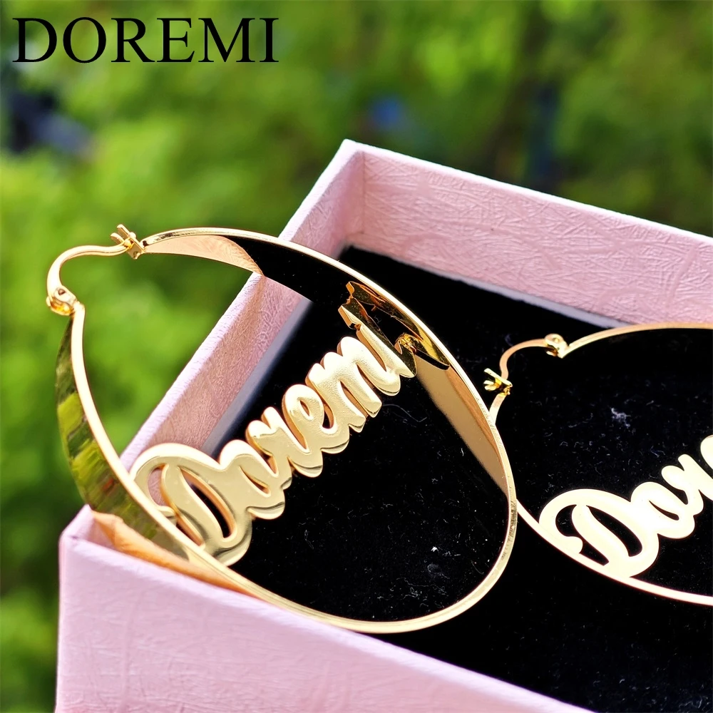DOREMI Stainnless Steel Personalized Name Earring Hoop Wide Earrings Customized Name Exaggerated Punk Women Big Gift Jewelry