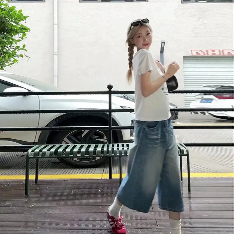 Casual Light Blue Cropped Wide Leg Jeans for Women, High Waisted Loose Denim Culottes, Baggy Ankle-Length Pants
