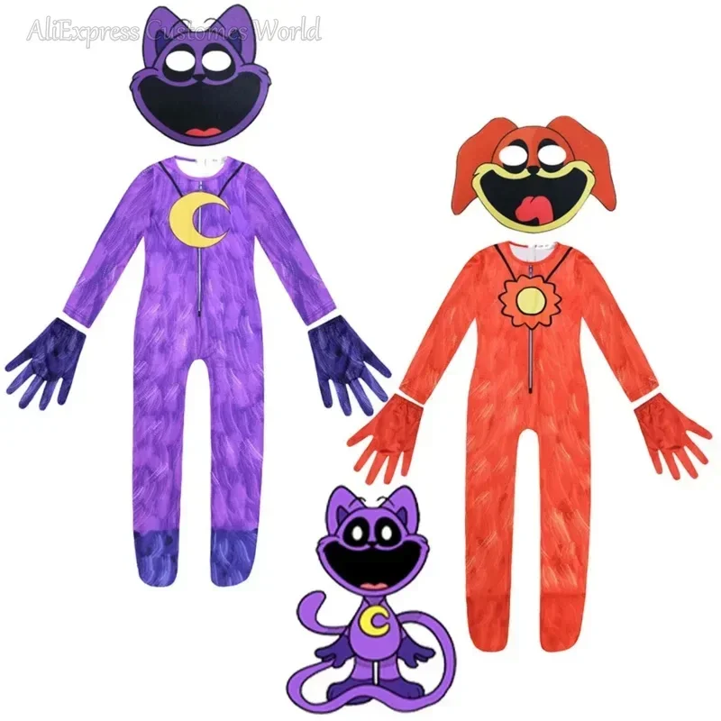 Aminal Purple Cat Tuta Maschera Halloween Catnap Elefante Orso Body per Ragazzi Ragazze Critters sorridenti Costume Cosplay