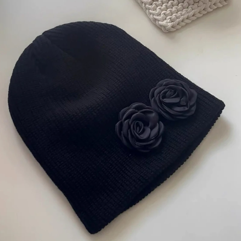 Fashionable Black Flower Hat Versatile and Practical Knitted Caps Great Gift for Loved Ones