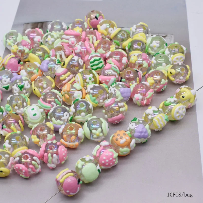 10pcs/bag Acrylic Beads Night Light Hand-painted Fruit Beads for Jewelry Making DIY Phone Chain Bead Pen Accessories