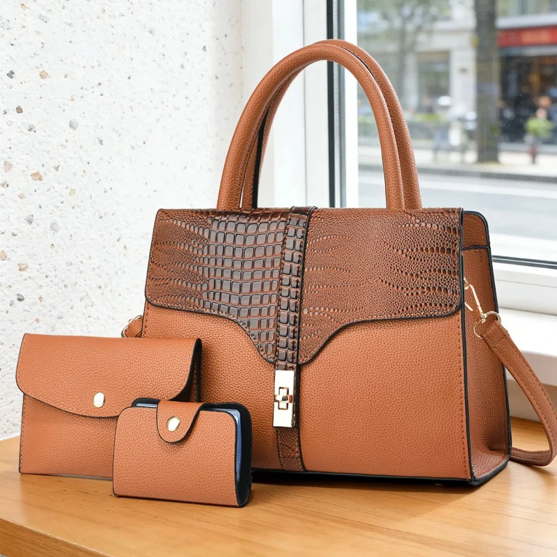 Product Title 3-piece women's bag set, Elegant bags, crocodile pattern ladies handbag with premium texture, stylish and casual