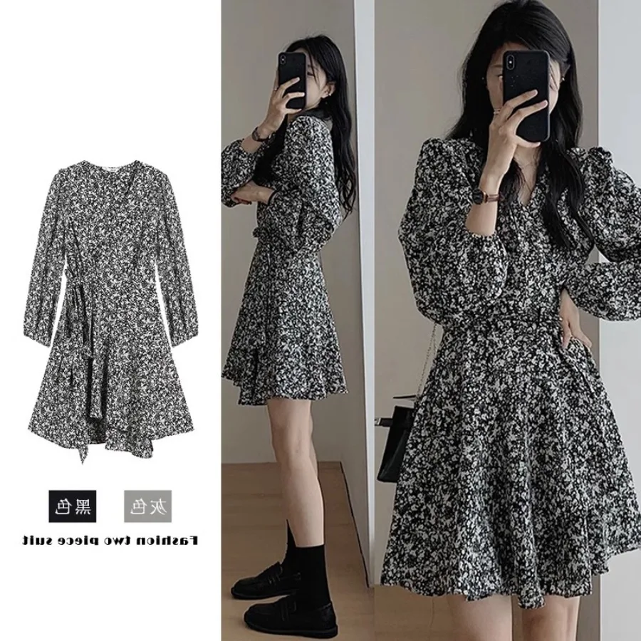 

【New style】French temperament long sleeve flower dress early autumn new women's slimming short skirt small body wear