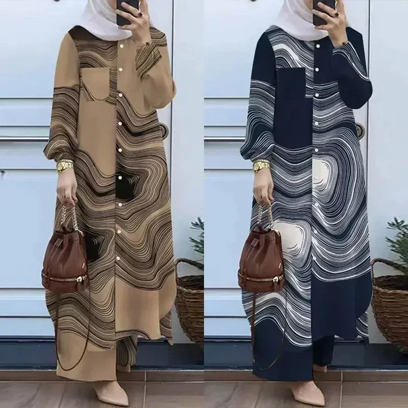 Ramadan Eid Muslim Pant Set Two Piece Shirt Pants Women Suits Shirt Blouse Musulman Ensembles Moroccan Kaftan Islamic Dress Sets