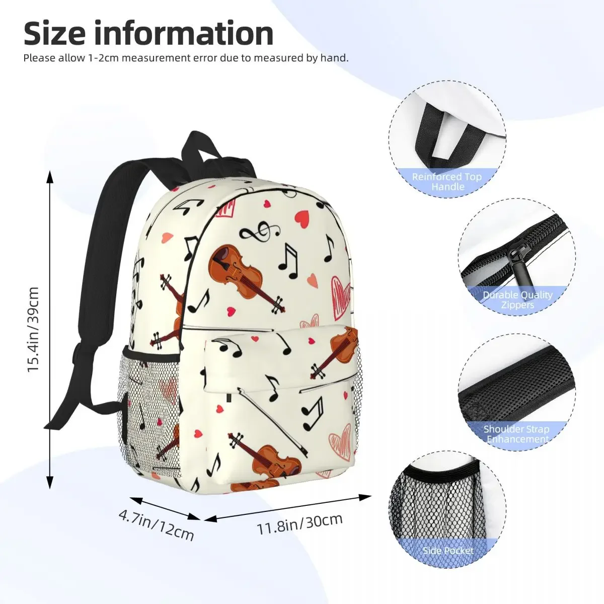 Violin With Herats Backpacks Boys Girls Bookbag Fashion Children School Bags Laptop Rucksack Shoulder Bag Large Capacity