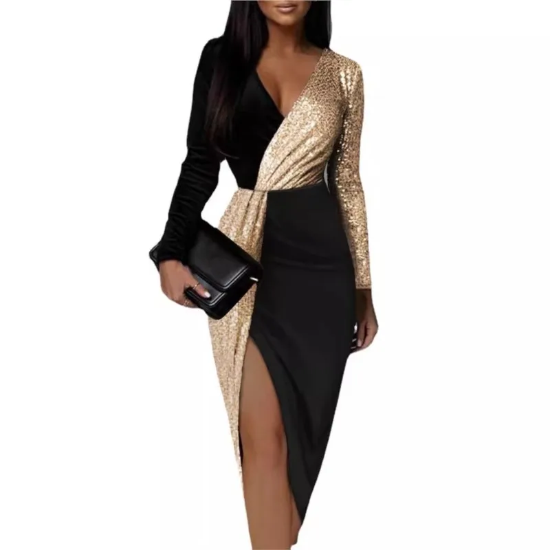 Contrast Dress Vestido Dresses 2025 Woman V-link Slit Slim Long Sleeves Fashion Banquet Sequin Temperament Commuting Package Hip