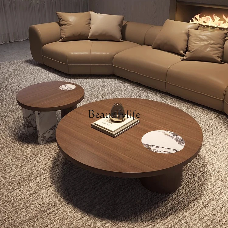 

yj7 Italian coffee table living room household round light luxury modern walnut premium