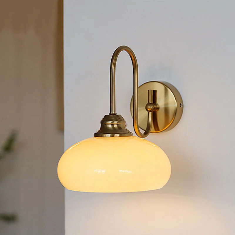 Mid Century Modern Wall Sconce 1-Light Cream Half Dome Glass Wall Lamp E27 Wall Mount Light Fixture for Bedroom Bedside Hallway