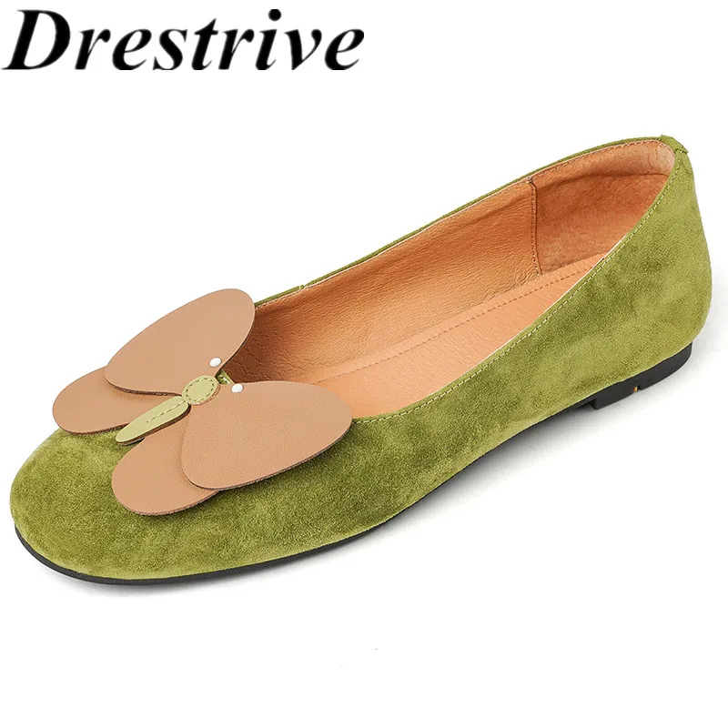 

Drestrive 2025 Sweet Women's Flat Shoes Sheep Suede Butterfly Knot Round Toe Low Heels Top Quality Spring Casual Shoes