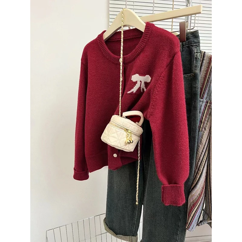 Casual Knitted Cardigan Contrast Color Red Bow Thick Loose Thick Bottom Sweater Coat Female Sweater 2024 Autumn Lady Streetwears