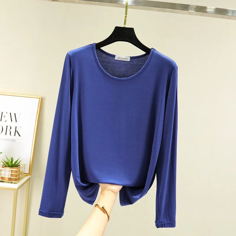 Rundhals Lose Modal Herbst Top Frauen Langarm T-Shirt Einfache Feste Dünne Top