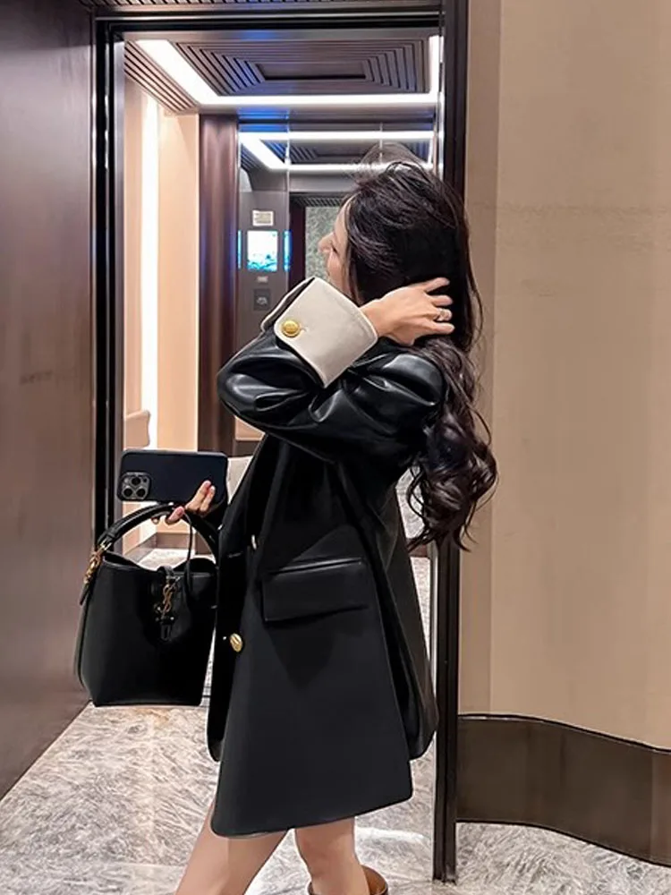 OPU Leather Jacket Women Overcoat 2025 Spring Autumn New Korean Loose Casual Color-matching Oversize Leather Blazer Coat Tops