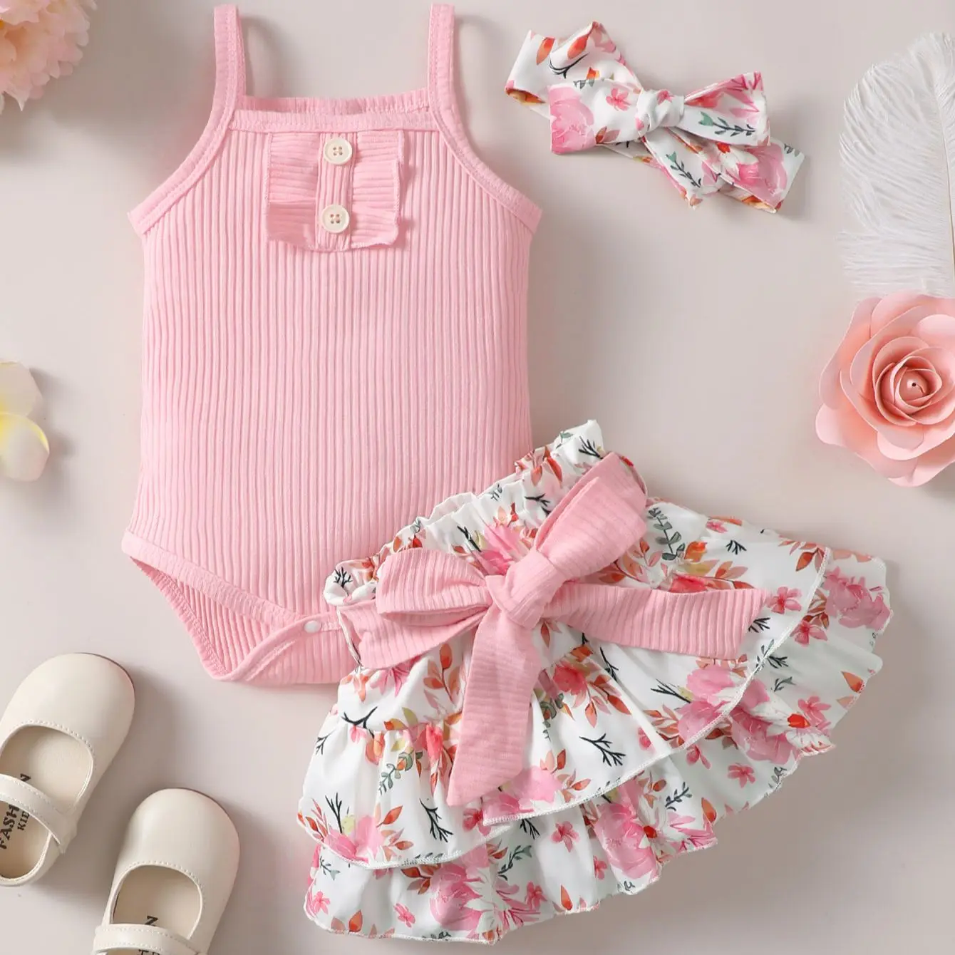 0-2 Year Old Newborn Baby Girls Summer Sleeveless Suspender Jumpsuit With Floral Print Short Skirt Cute Fashion Toddler Set