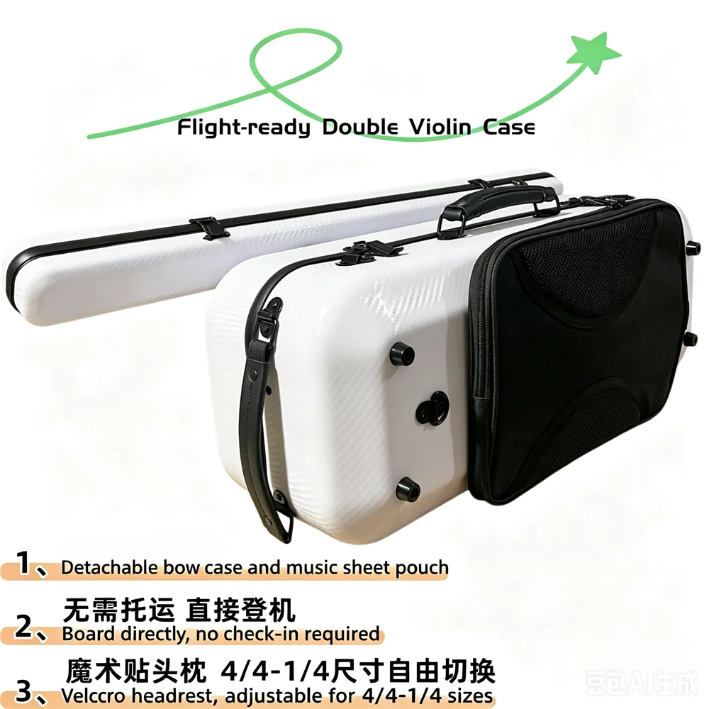 Violin for 2 pcs 1/4-4/4 Size Violin / White Carry-on Board Carbon Fiber Violin case w/ detachable bow case / Delicate design