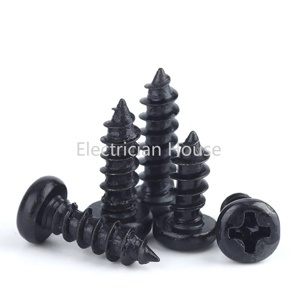 100 pcs/lot Cross Round Head Phillips Self-tapping Screw M1 M1.2 M1.4 M1.5 M1.7 M2 M2.3 M2.6 M3 M3.5 M4 M5 Black Carbon Steel