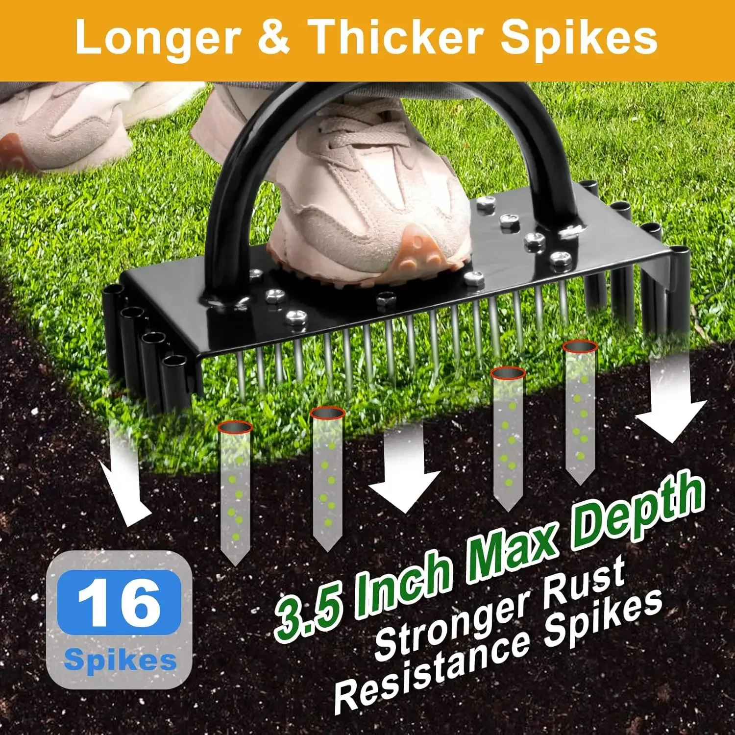 Ferramenta manual 2 em 1 para aerador de gramado: 16 pontas de metal de 3,5 polegadas e 8 plugues corer, aeração de solo resistente para cuidados com gramado, quintal e jardim