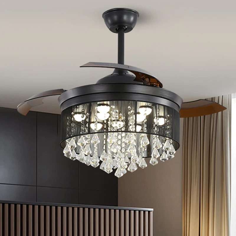 

Modern Luxury Crystal Fan Light Electric Fan Light Chandelier Living Room Dining Room Variable Frequency Black Ceiling Fan Lamp