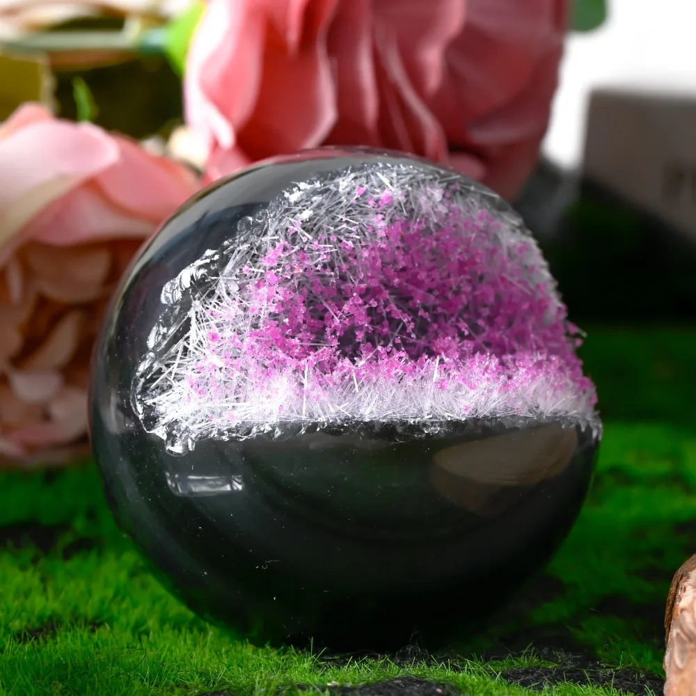 1pc Boho Artificial Crystal Needle Shape Smiling Obsidian Mica Sphere Mineral Specimen, Obsidian Pyrite Mica Needles, Pink Mica