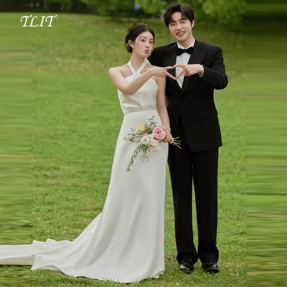 TLIT Eenvoudige Witte Zijde Satijn Trouwjurken Halter Bruidsjurken Korea Trouwjurken Foto's Schieten Aangepaste ienia Ohio Ohio
