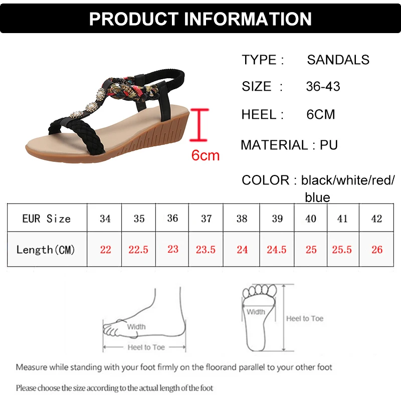 Bohemia Summer Wedge Sandals for Women Crystal Printed Elastic Strap Gladiator Sandals Woman Comfortable Non Slip Beach Shoes