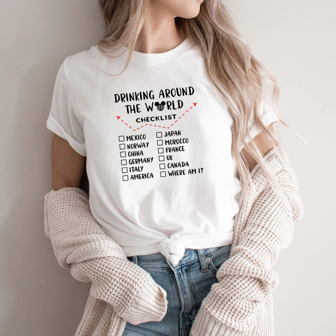 

Drinking Around The World Checklist T Shirt Epcot Drinking Wine and Food Unisex T-shirt Short Sleeve Tees Tshirts Casual Tops