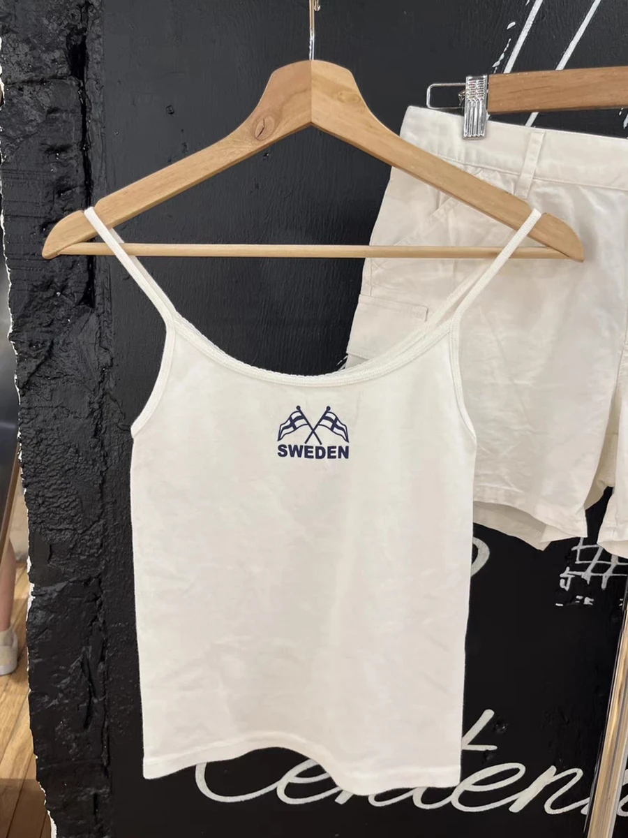 Flag Letter Print Slim Crop Top Woman Summer Sleeveless Lace Trim Cotton Camis Casual Vintage Streetwear Sweet Y2k Tank Tops New