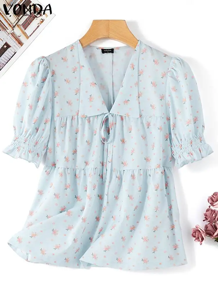 VONDA Women Summer Blouse 2024 Bohemian Tunic Tops Elegant Floral Printed Blusas Femininas Short Sleeve Lapel Casual Loose Shirt